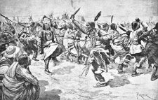 monochrome sketch of Oglala Sioux men dancing the Ghost Dance