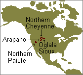 map of North America highligting the Northern Paiute,  Arapaho, Northern Cheyenne, and Oglala Sioux