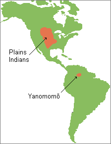 map of the Americas highlighting the homelands of the Plains Indians and the Yanomomo