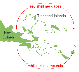 map showing New Guinea and the islands to the east with the Trobriand Islands marked and the direction shown for the distribution of the two kinds of Kula Ring gifts
