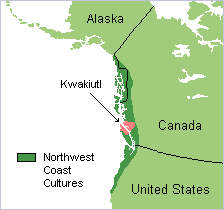 map Showing the Northwest Coast Indian areas with the Kwakiutl highlighted