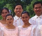 photo of five Filipino Americans in traditional Filipino clothes