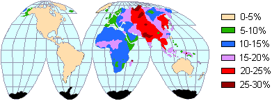map of B blood type distribution around the world
