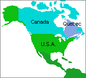 map of North America with Quebec Province in Canada highlighted