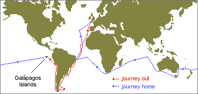 map highlighting the route of H.M.S. Beagle in its around the world expedition--Britain to Brazil, Argentina, Chile, Galapagos Islands, New Zealand, Australia, South Africa, Brazil, and finally back to Britain