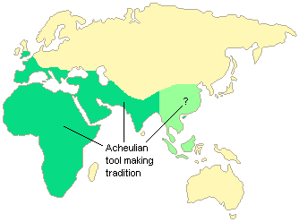 map showing the geographic range of the Acheulean Hand Axe Tradition