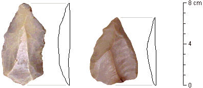 2 photos of Mousterian Tradition stone tools--a hide scraper and a spear point