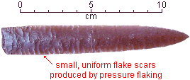 photo of a long stone knife blade with small, uniform, parallel flake scars