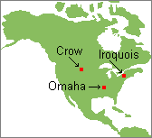 Map of Omaha, Crow, and Iroquois territories of North America