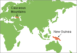 map of Caucasus Mountains and New Guinea