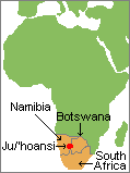 map of Southern Africa highlighting !Kung territory in Namibia and Botswana