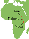 map of the Nuer, Turkana, and Masai tribal territories in East Africa