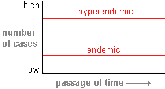graph of endemic and hyperendemic disease patterns--the number of people who have these diseases remain more or less the same over time; hyperendemics are endemics with high numbers of infected people