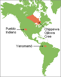 Map of the Americas showing the location of the Yanomamo, Chippewas, Ojibwa, Cree, and Pueblo Indians