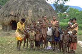Photo of a group of contemporary tribal women and children in Papua New Guinea