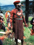 photo of a "big man" in ceremonial regalia officiating at a pig give-away ceremony in Papua New Guinea