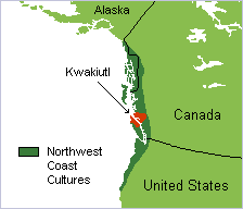 map of the northwest coast of North America with the Kwakiutl territory highlighted