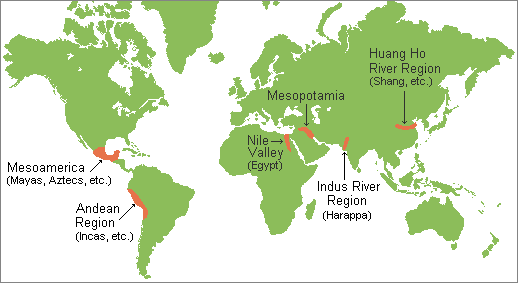 Map of the world showing the locations of the ancient states that developed into complex civilizations