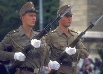 Photo of a group of modern European soldiers parading with their weapons