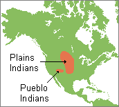 map of North America with the Plains and Pueblo Indian areas highlighted