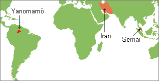 world map with the Yanomam and Semai homelands and Iran highlighted