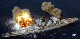Photo of a U.S.battleship firing during the Persian Gulf War