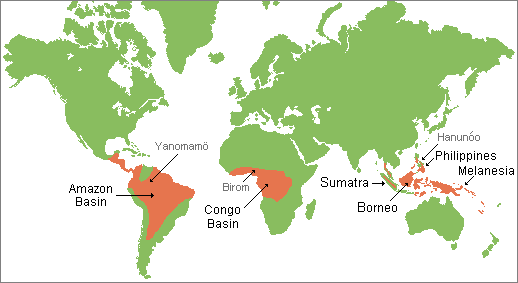 Map showing the major horticulturalist areas today (all are in tropical regions of Central and South America, West Central Africa, Southeast Asia, and the Southwest Pacific Ocean