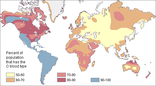 map of the world showing the frequency of the O blood allele among indigenous populations--most regions were 50% or higher in frequency; it was highest in the New World (90-100%) and lowest in Central Asia (50-60%)