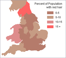 map of most of Britain showing the frequency of people with red hair in England and Scotland--the highest frequencies of red hair are in Wales and southern Scotland