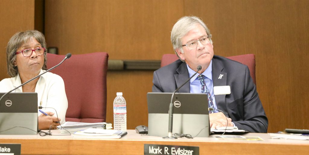 Palomar College Governing Board Meeting with President Joi Lin Blake (l) and Mark Evilsizer at the San Marcos Campus on Oct. 8, 2019. (Adel Bautista/The Telescope)